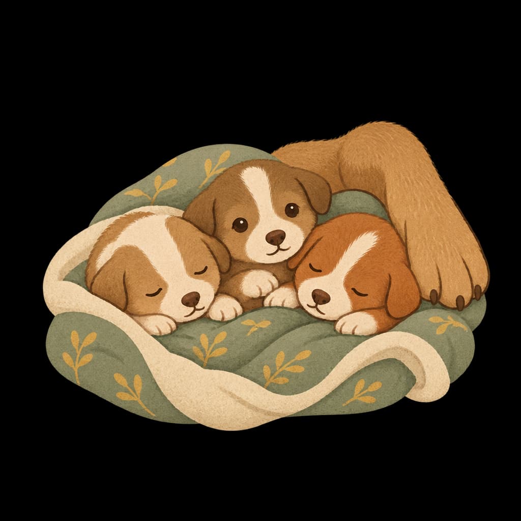 Three newborn puppies snuggled on a blanket, one just opening its eyes