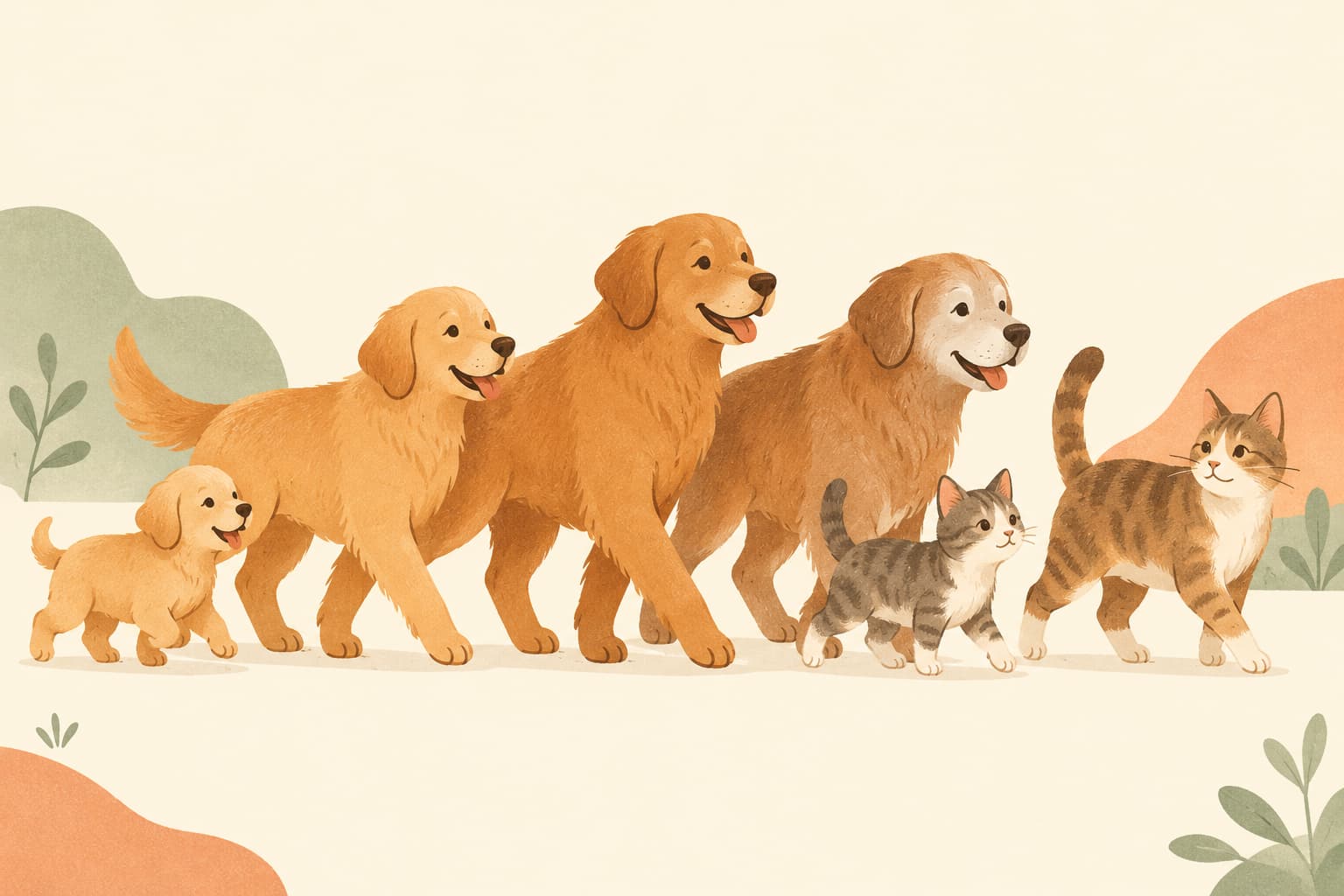 A puppy, a young dog, a grown dog, and a gray-muzzled senior dog walking together with a kitten and a cat