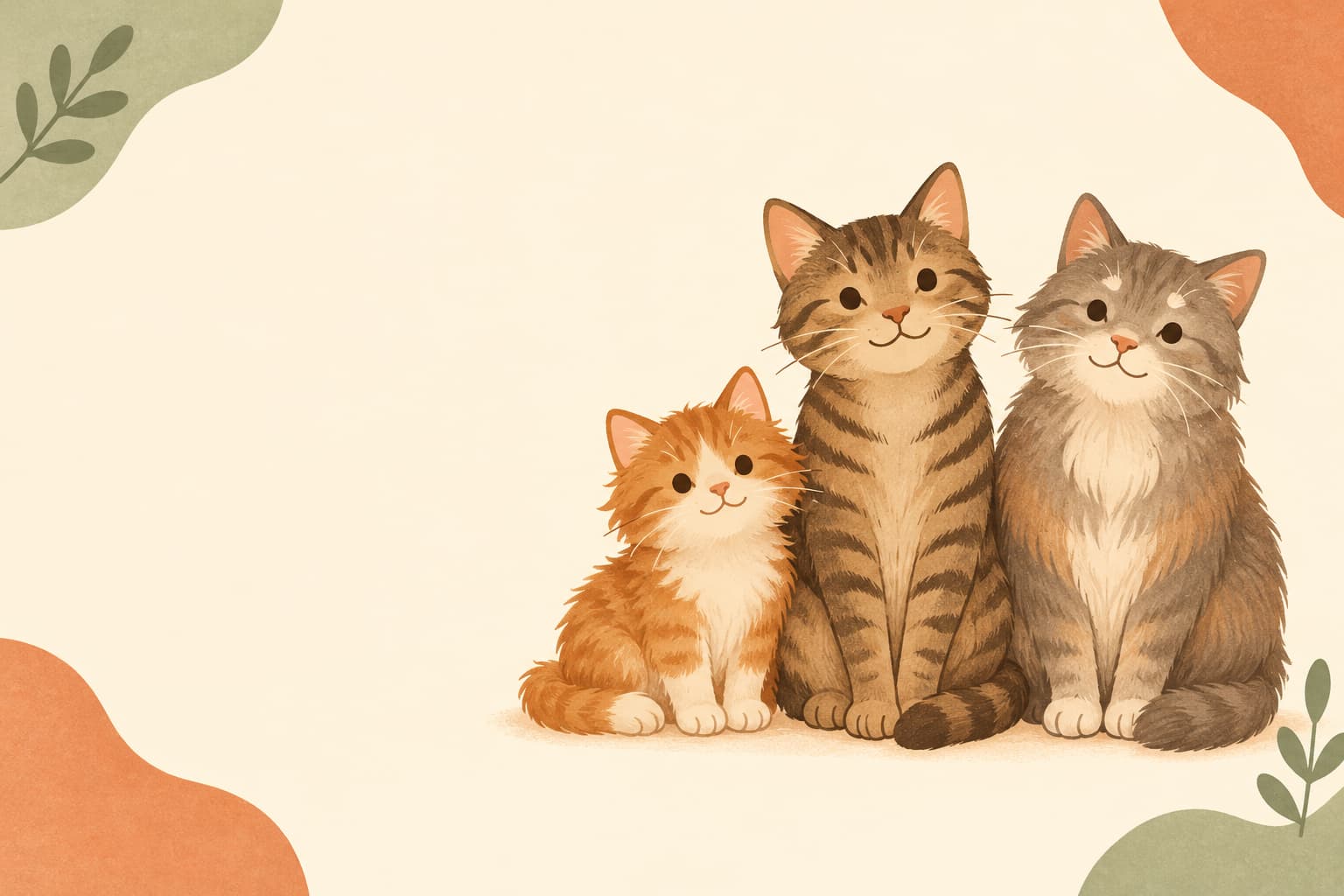 A kitten, a grown cat, and a gray-muzzled senior cat sitting together