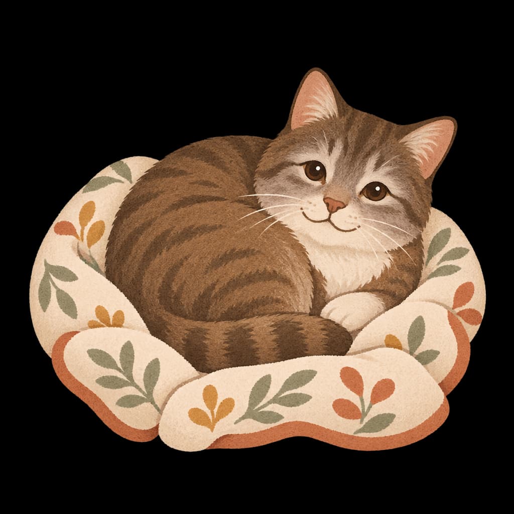 A gray-muzzled senior cat curled up on a soft blanket