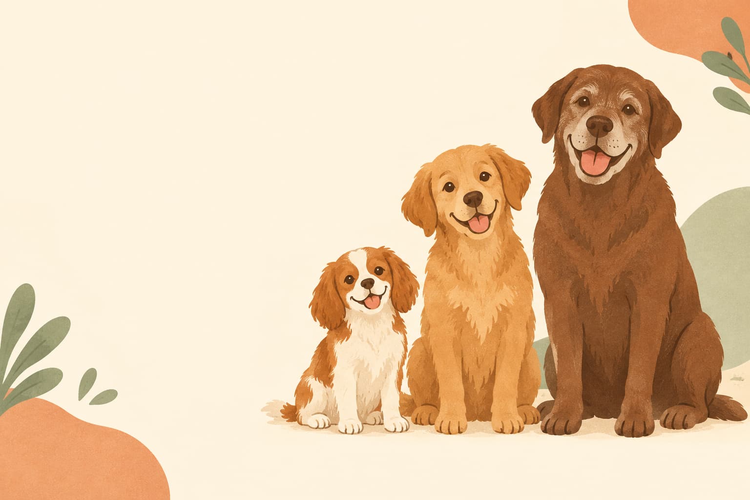 Three smiling dogs of different sizes: small, medium, large