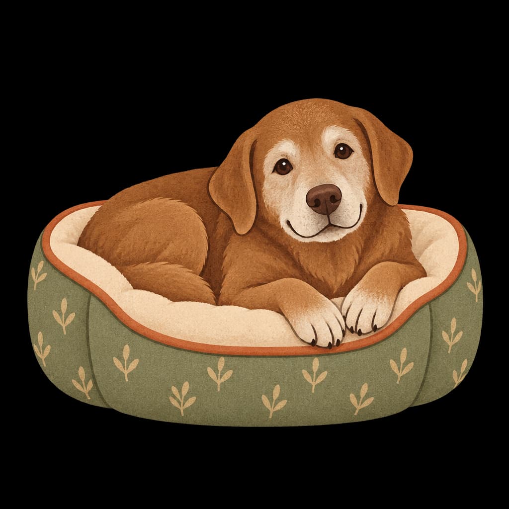 A gentle gray-muzzled senior dog resting on a cushioned bed