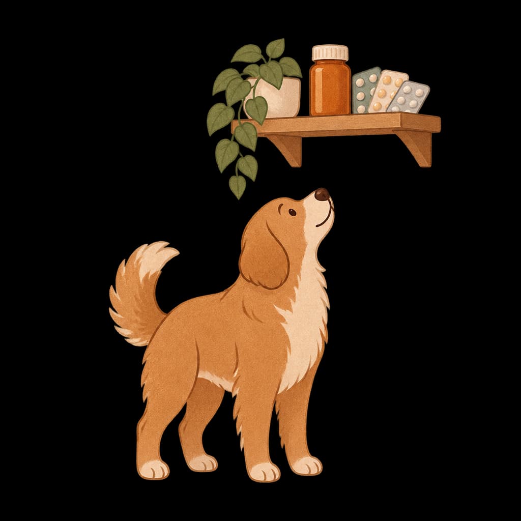 A dog looking up at medicine bottles stored safely on a high shelf