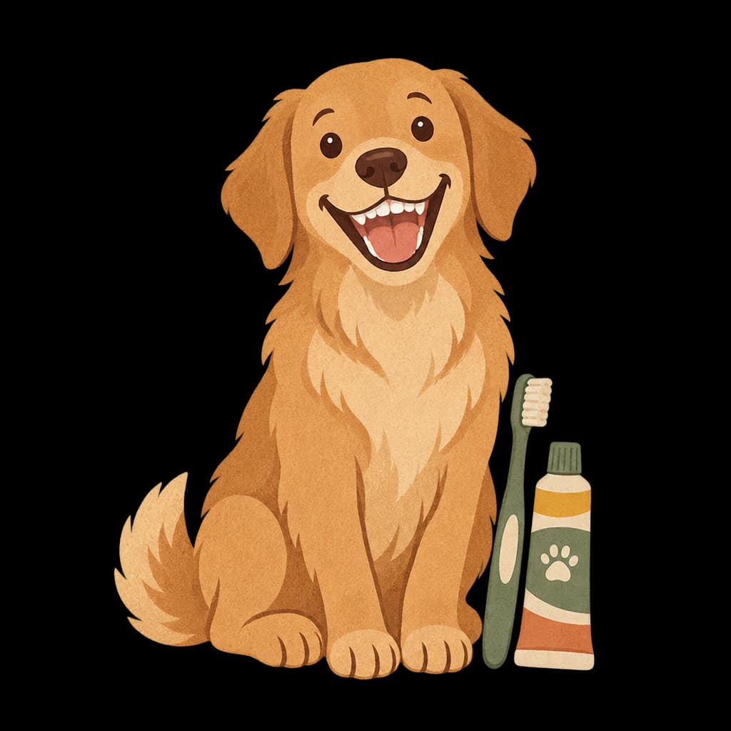 A smiling dog showing clean teeth beside a dog toothbrush and toothpaste