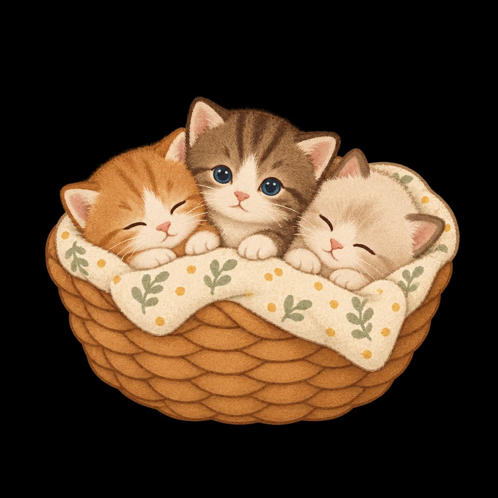 Three newborn kittens in a basket, one just opening its blue eyes