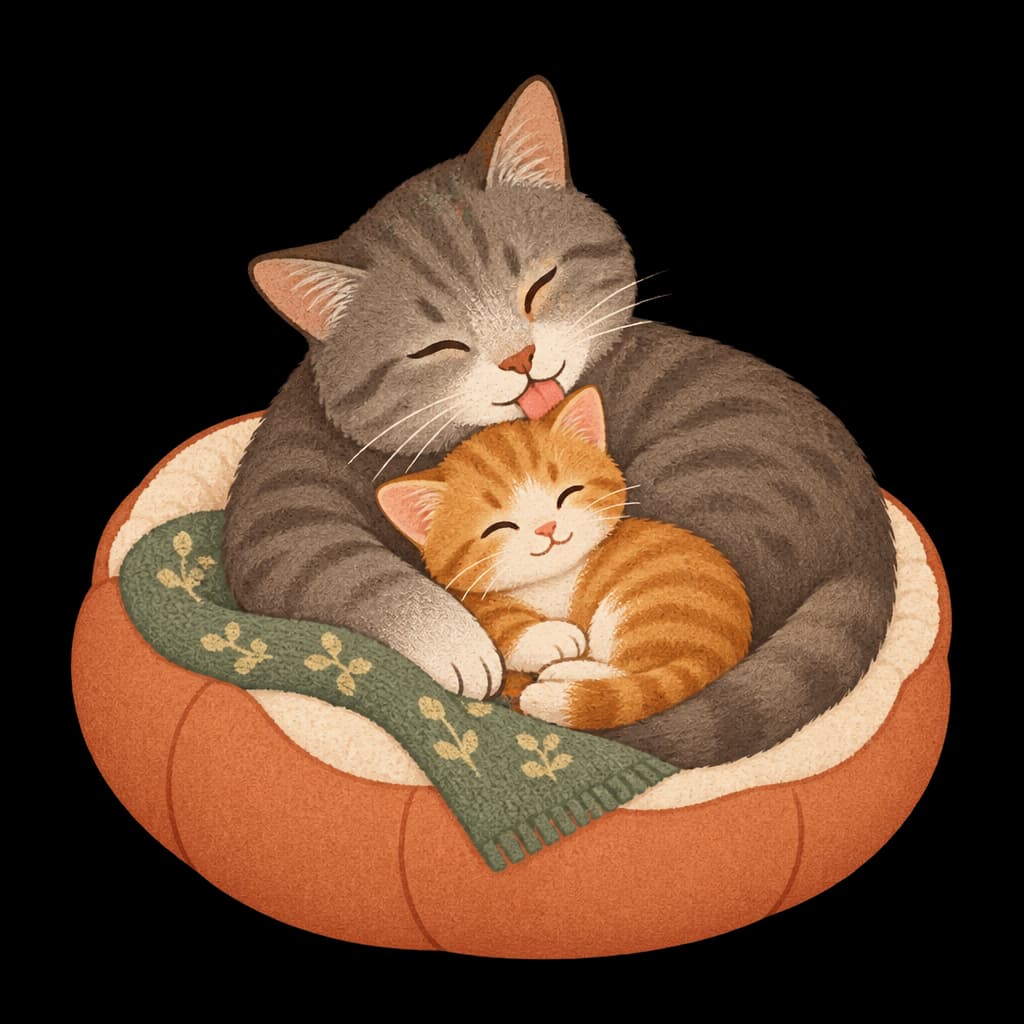 A senior cat grooming a kitten curled up beside her
