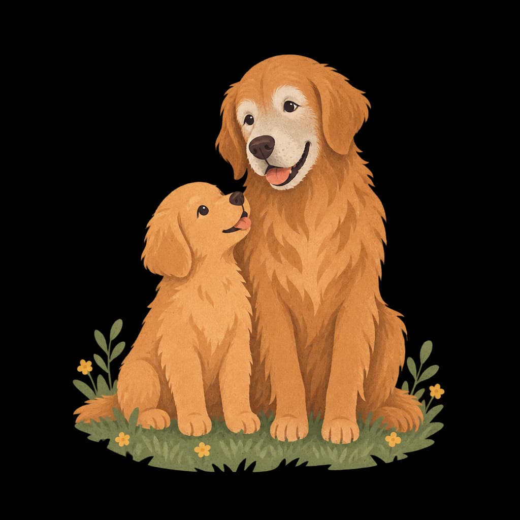 A gray-muzzled senior dog sitting beside a puppy of the same breed